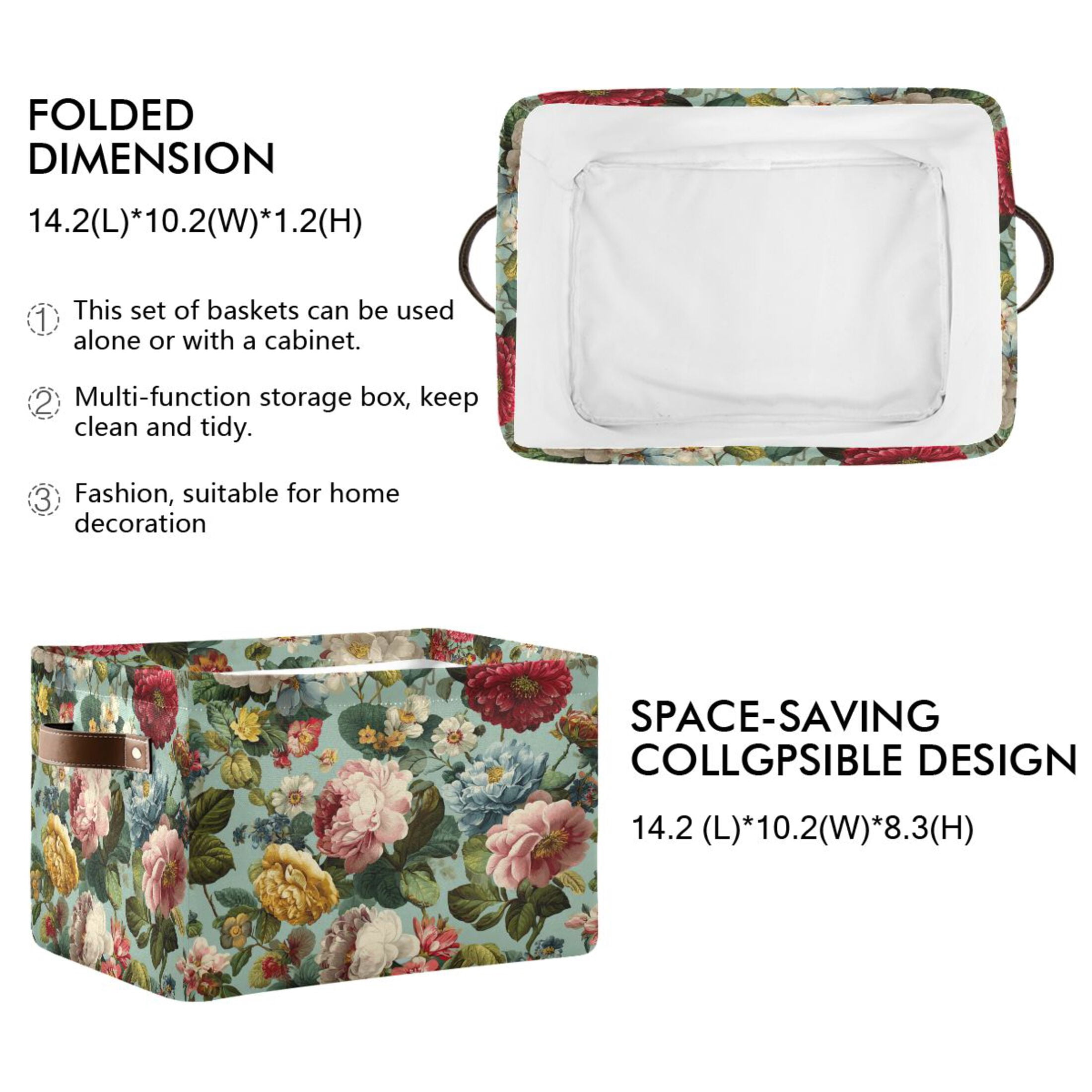Foldable Storage Basket,Canvas Fabric Foldable Storage Bins with Handles Open Home Storage Bins Boxes for Toy Book Shelf Closet Baskets Floral Pattern with Roses