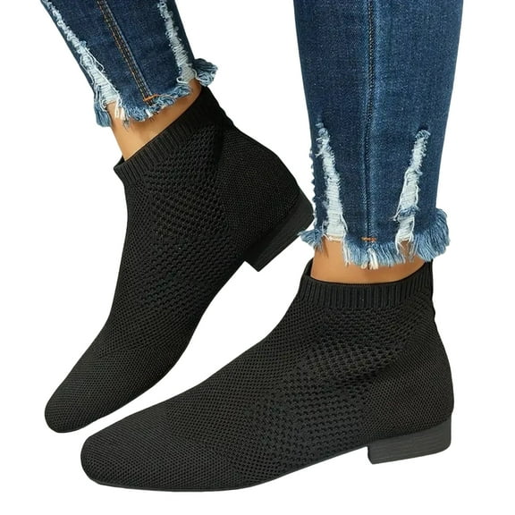 Womens Slip on Socks Short Boots Stretchy Knitted Square Toe Low Heel Ankle Booties Winter Fall Shoes