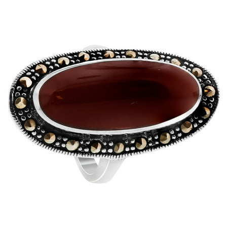 Square Shaped Marcasite Ring - Gem Avenue 925 Sterling Silver Oval Simulated Coral Gemstone Ring with Marcasite