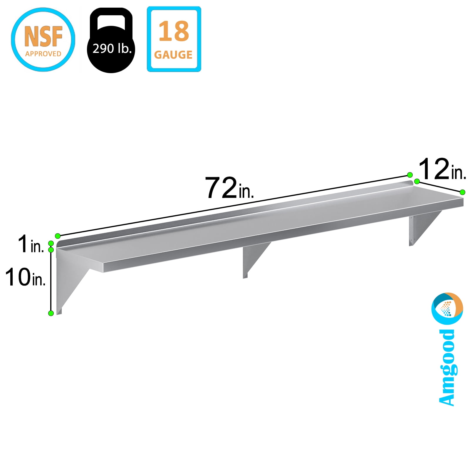 AmGood 12" Width x 72" Length | Stainless Steel Wall Shelf | Square Edge | Metal Shelving | Heavy Duty | Commercial Grade | Wall Mount | NSF Certified