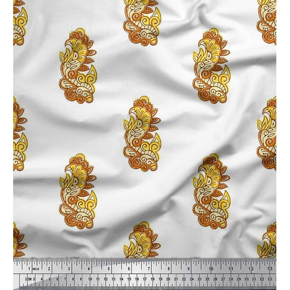 Soimoi Crepe Silk Fabric Swirl & Floral Block Print Fabric by The Yard 42 Inch Wide