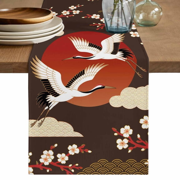 Japanese Style Table Runner 108 Inches, Modern Cranes Cherry Flower Wave Brown Bed Runner Dresser Scarves Tabletop for Indoor Outdoor Parties/Ceremony/Banquet, 13"x 108"