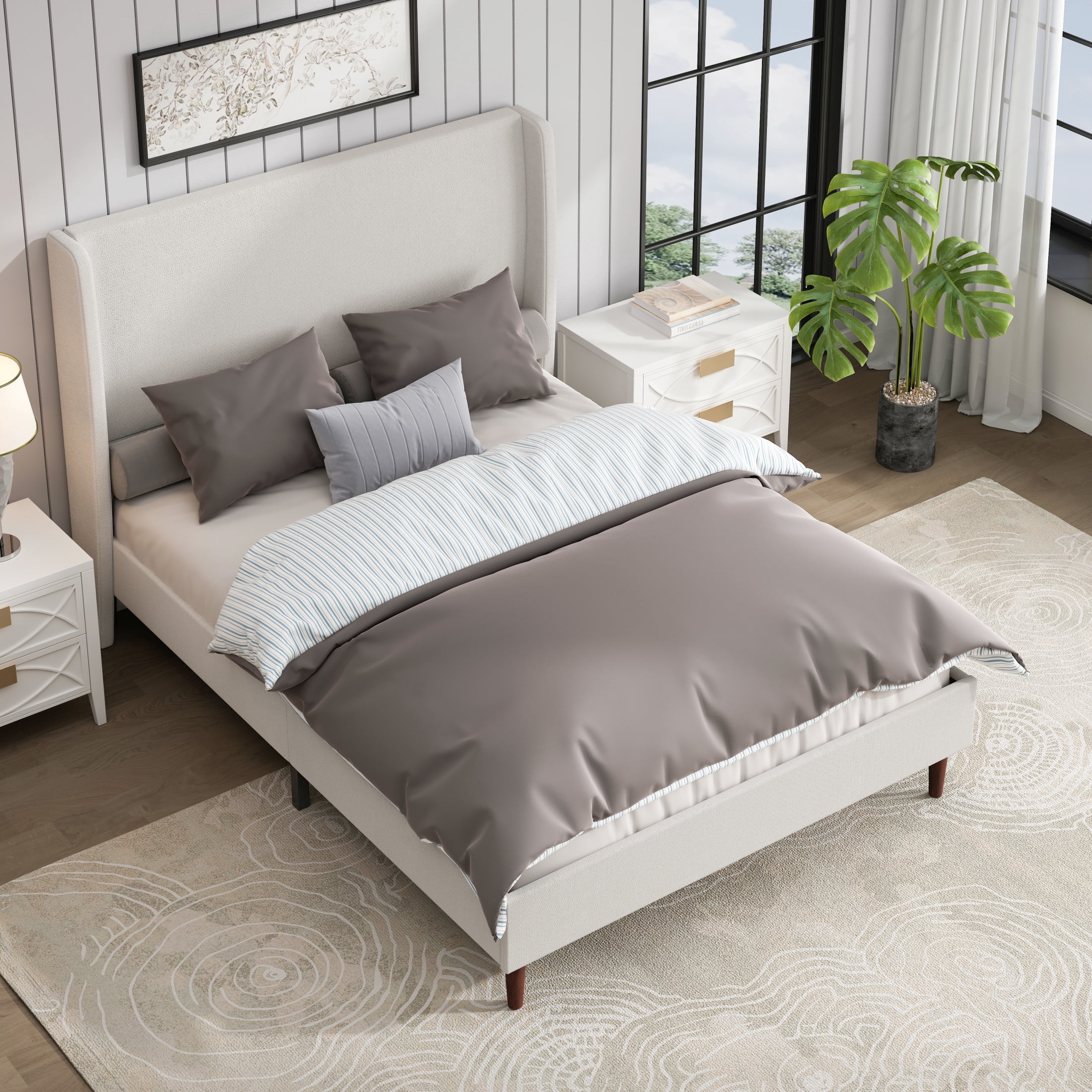 GDF Studio Queen Size Chenille Upholstered Bed with High Headboard & Wood Slat Support, Ivory White