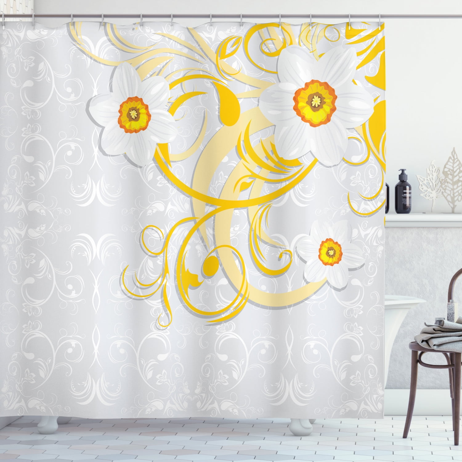 Daffodil Shower Curtain, Daffodils on Ornate Background ...