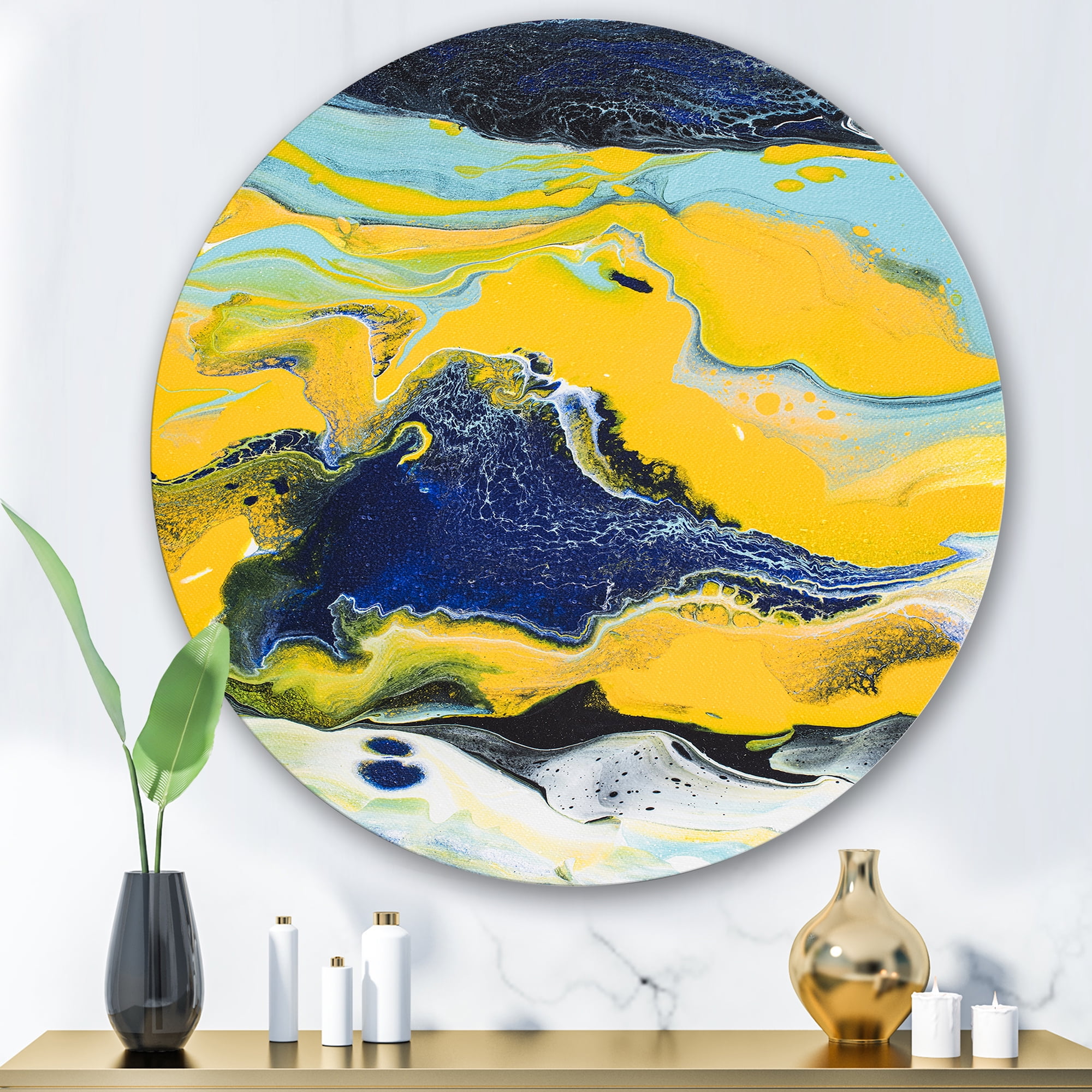 Designart 'Abstract Marble Composition In Blue and Yellow I' Modern Circle Metal Wall Art 36x36 - Disc of 36