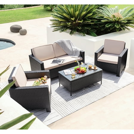 Lacoo 4-Piece Outdoor Indoor Patio Conversation Set with Cushions, Black/Beige
