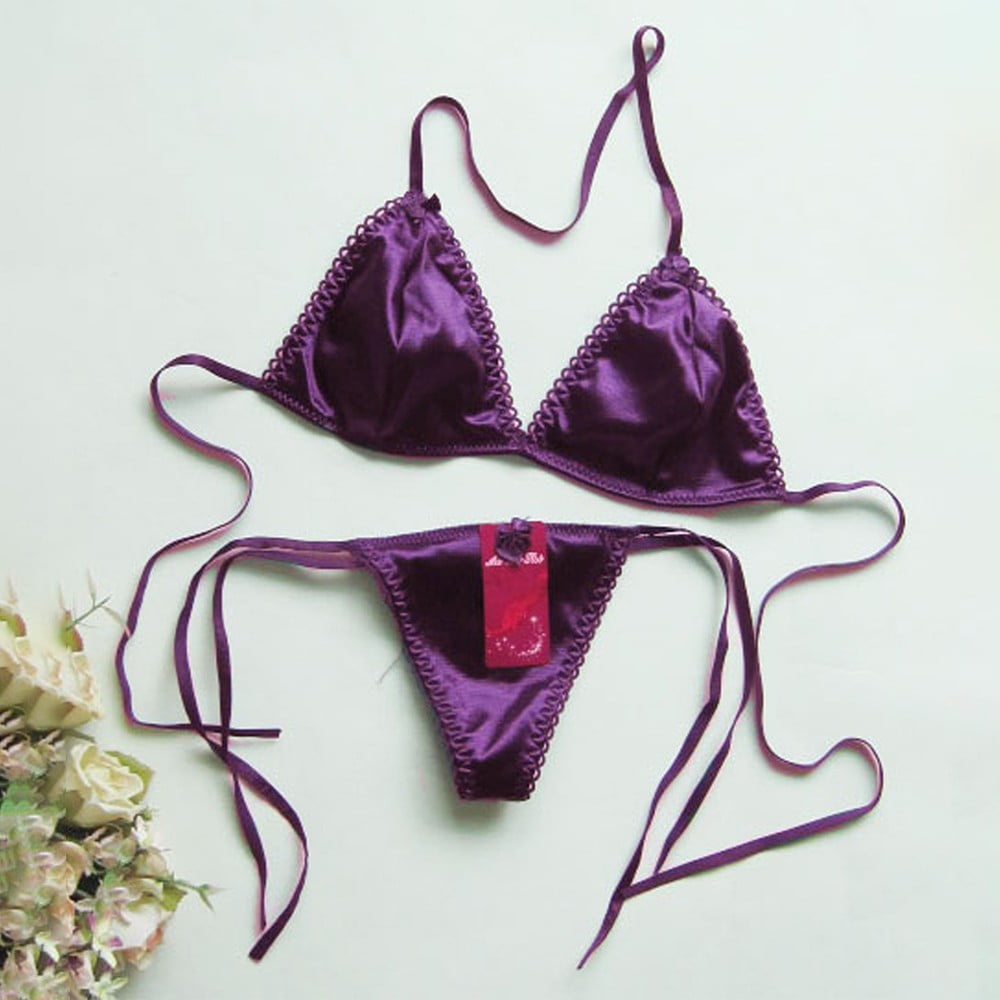 ALSLIAO Sexy Womens Satin Silk Thong Underwear Bra Panties T-Back Lace Up Lingerie  Purple 