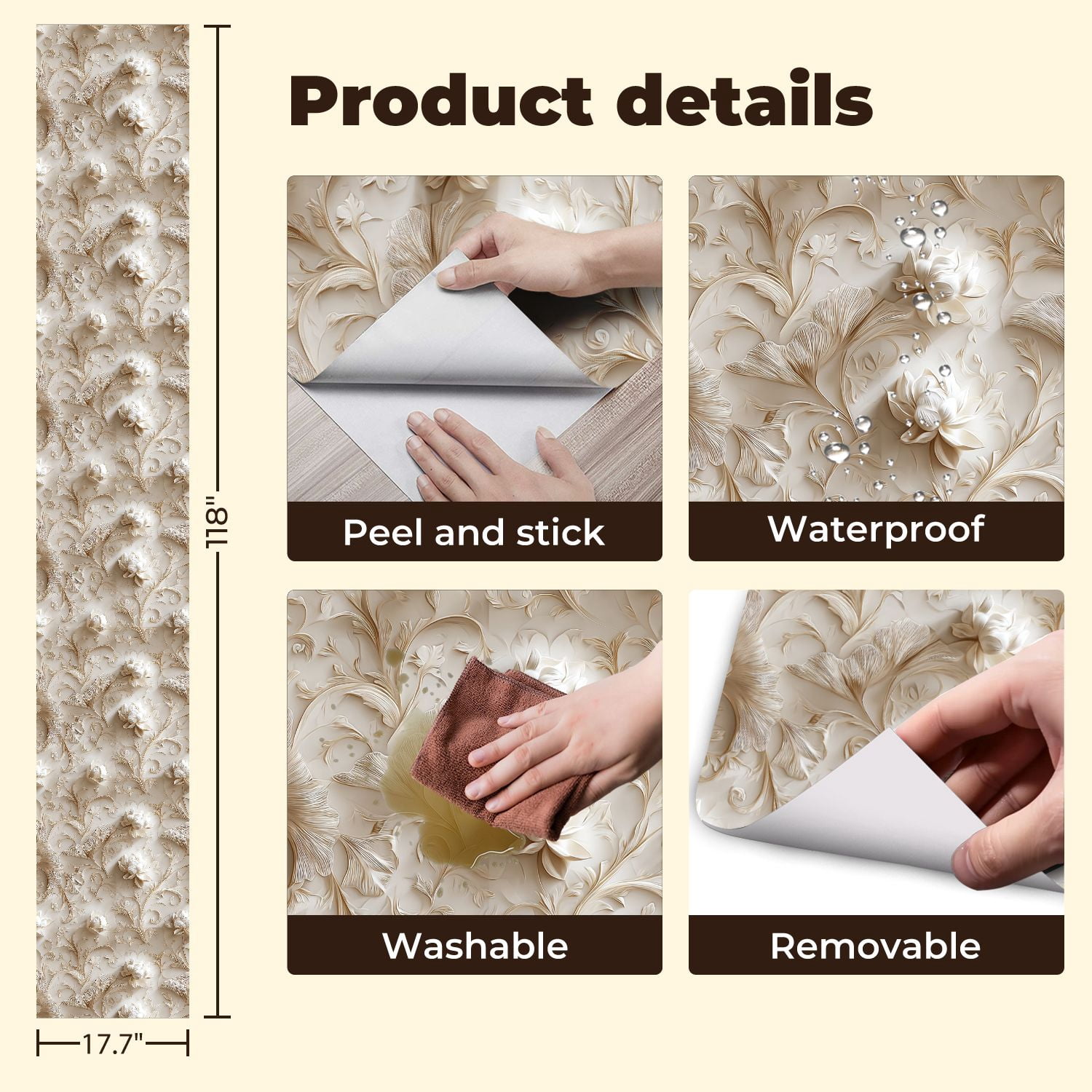 Peel and Stick Wallpaper Elegant 3D Floral Soft Beige Tones Delicate Blossoms Wall Mural 17.7in x 9.8ft Self Adhesive Removable Wall Paper Renter Friendly Wallpaper for Nursery Bedroom Cabinets