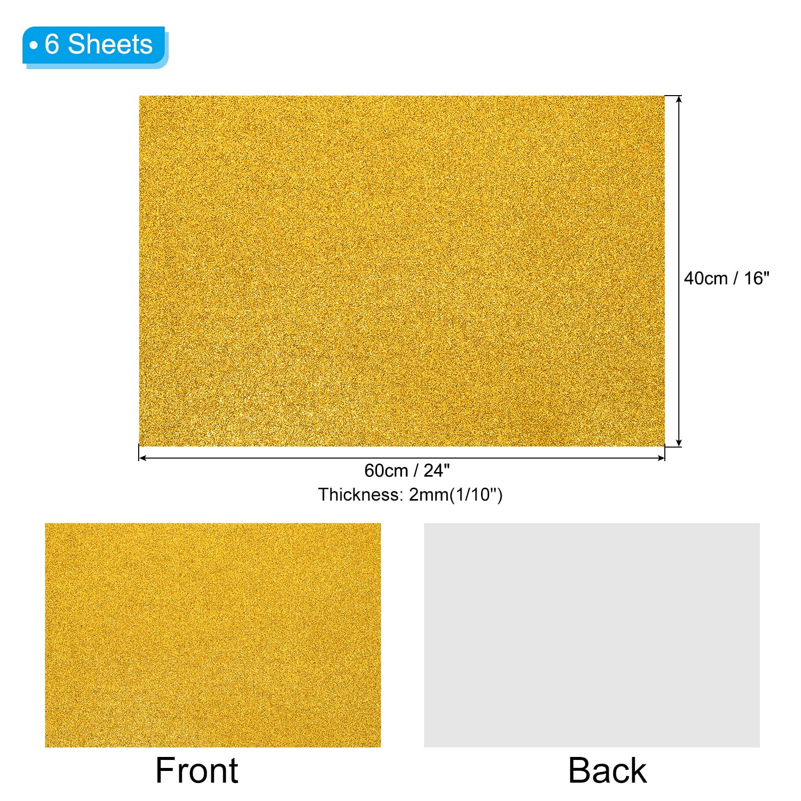 Uxcell 2mm(1/10") Thick Adhesive Glitter Foam Sheet 16x24inch(40x60cm) Gold Tone, EVA Shiny Foam Board for Craft, 6 Pcs