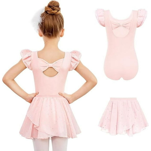 Oudiya Girls Ballet Leotards Ruffle Sleeve Bow Back Toddler Dance Outfits Leotard with Removable Shinny Skirt Combo 3-11Y