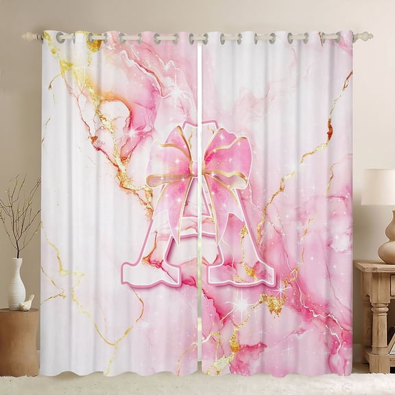 Manfei Golden Pink Bow Kitchen Curtains,Girls Personalized Letter A Black Out Curtains Pack of 2 (42x63 Each)