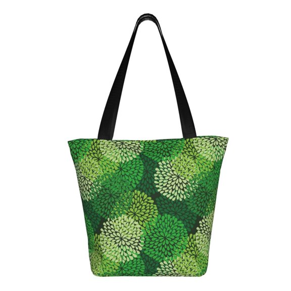 Uemuo Green Flower Print Tote Bags for Women,Large Capacity Corduroy Bag,Reusable Grocery Shoulder Bag,Beach Tote with Zipper Closure, Daily Essentials