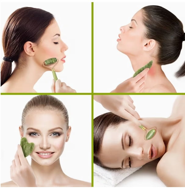 4pcs Facial Roller & Gua Sha Set - Natural Stone Facial Massager with Gua Sha Scraping Tool for Skincare and Relaxation