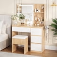 thumbnail image 2 of Kojooin Coiffeuse avec Miroir LED, Coiffeuse avec 4 Tiroirs, Prises Électriques, Tabouret de Rangement, Étagères de Rangement et Sèche-Cheveux, Réglable 3 Modes d'Éclairage, Ensemble de Coiffeuse pour Chambre, 2 of 9