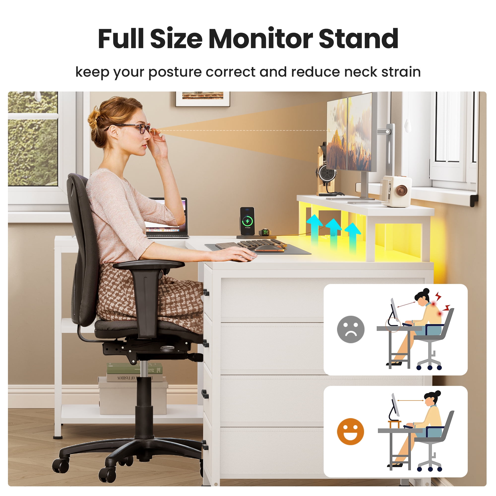 47" Gaming Desk with Power Outlets & LED Lights, L Shaped Desk with Fabric Drawers & CPU Stand, Corner Computer Desk with Open Shelves for Small Space, White