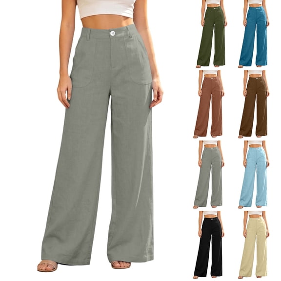Women's Lightweight Wide Leg Trousers with Pocket High Rise Button Closure Business Casual Pants Work office Dress Pants Loungewear Light Blue