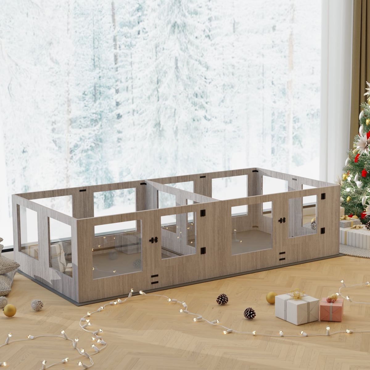 BingoPaw Extra Large Dog Wooden Whelping Box Playpen Giving Birth Kennel with Waterproof Fertility Pad, Clear Two Fence Rooms