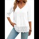 thumbnail image 1 of Camiseta de Verano con Cuello en V, 3/4, Estilo Retro, y con Bordado de Patchwork de Encaje Vintage para Mujer. M, 1 of 10
