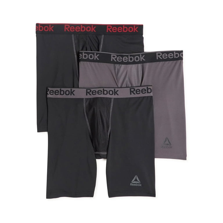 Reebok Men's Featherweight Performance Boxer Briefs Extended Length  Underwear, 7.5-Inch, 3-Pack 