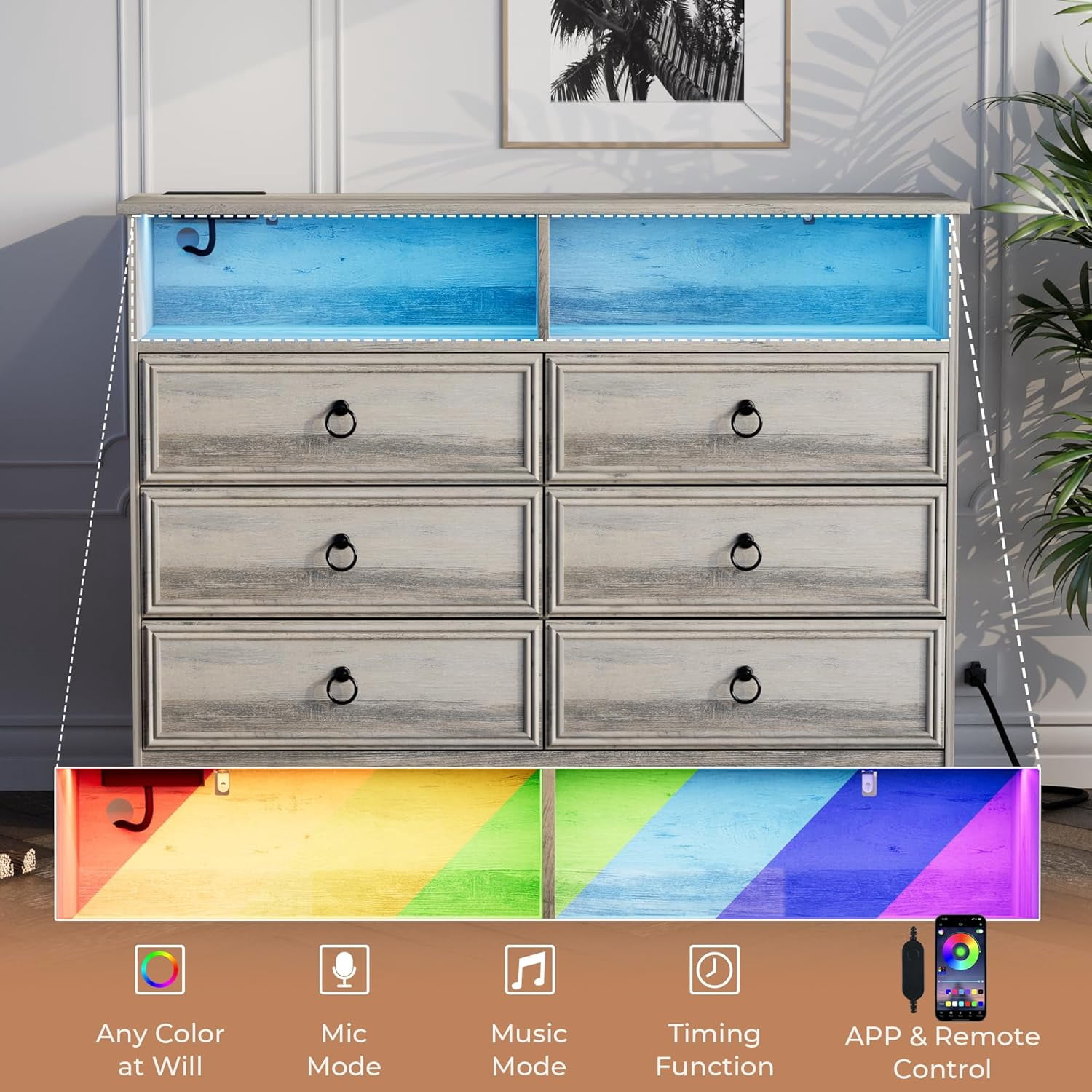 VVFLU Vintage 6 Dresser for Bedroom, Farmhouse 6 Drawers Dresser with Open Shelfs and LED Lights, 47.3" Wide Wood Rustic Chest of Drawers for Living Room, Hallway, Gray