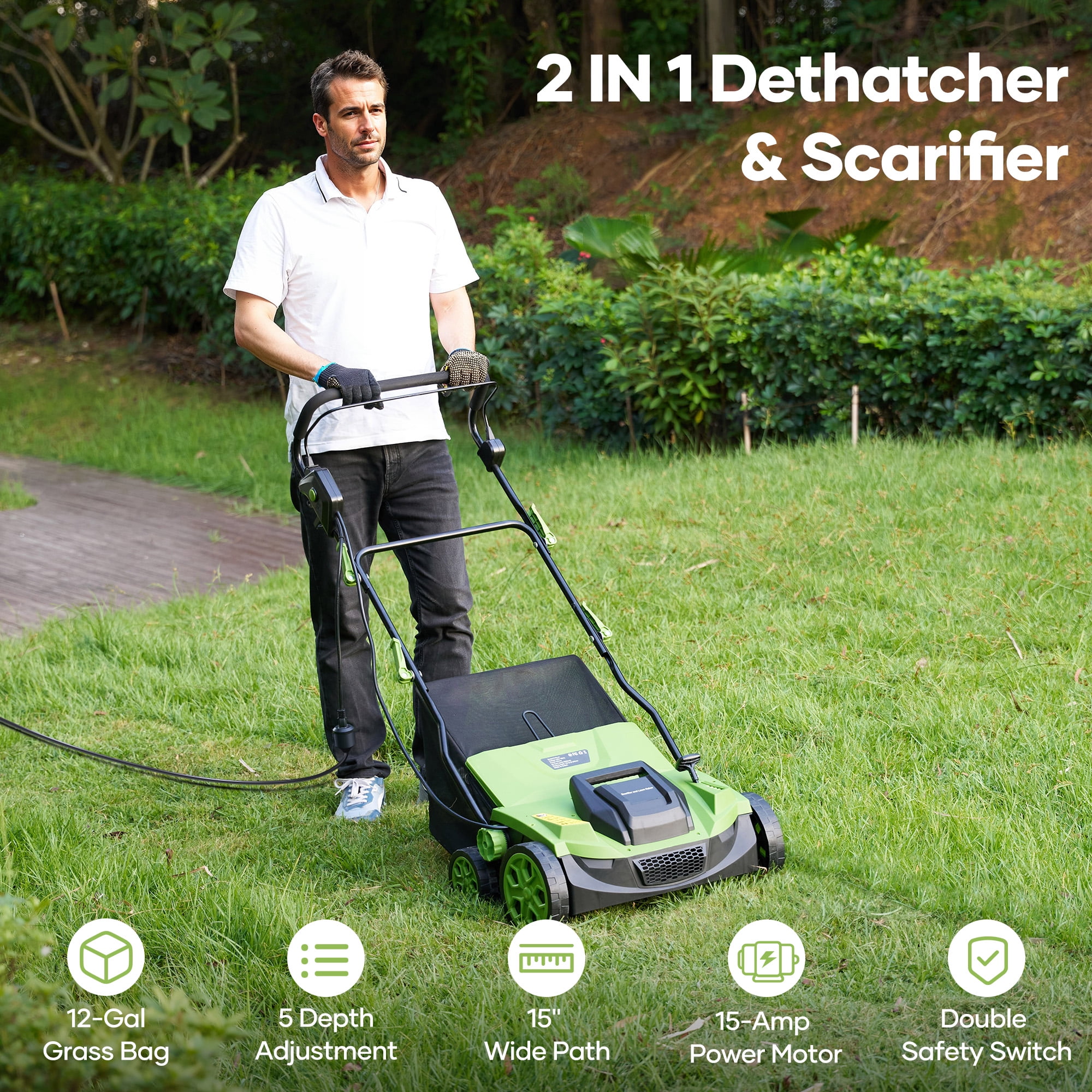 GASKY 15-inch Dethatcher and Scarifier,15A Electric Dethatcher with 5-Position Depth Adjustment & 12L Collection Bag & Tool-Free Blade Change