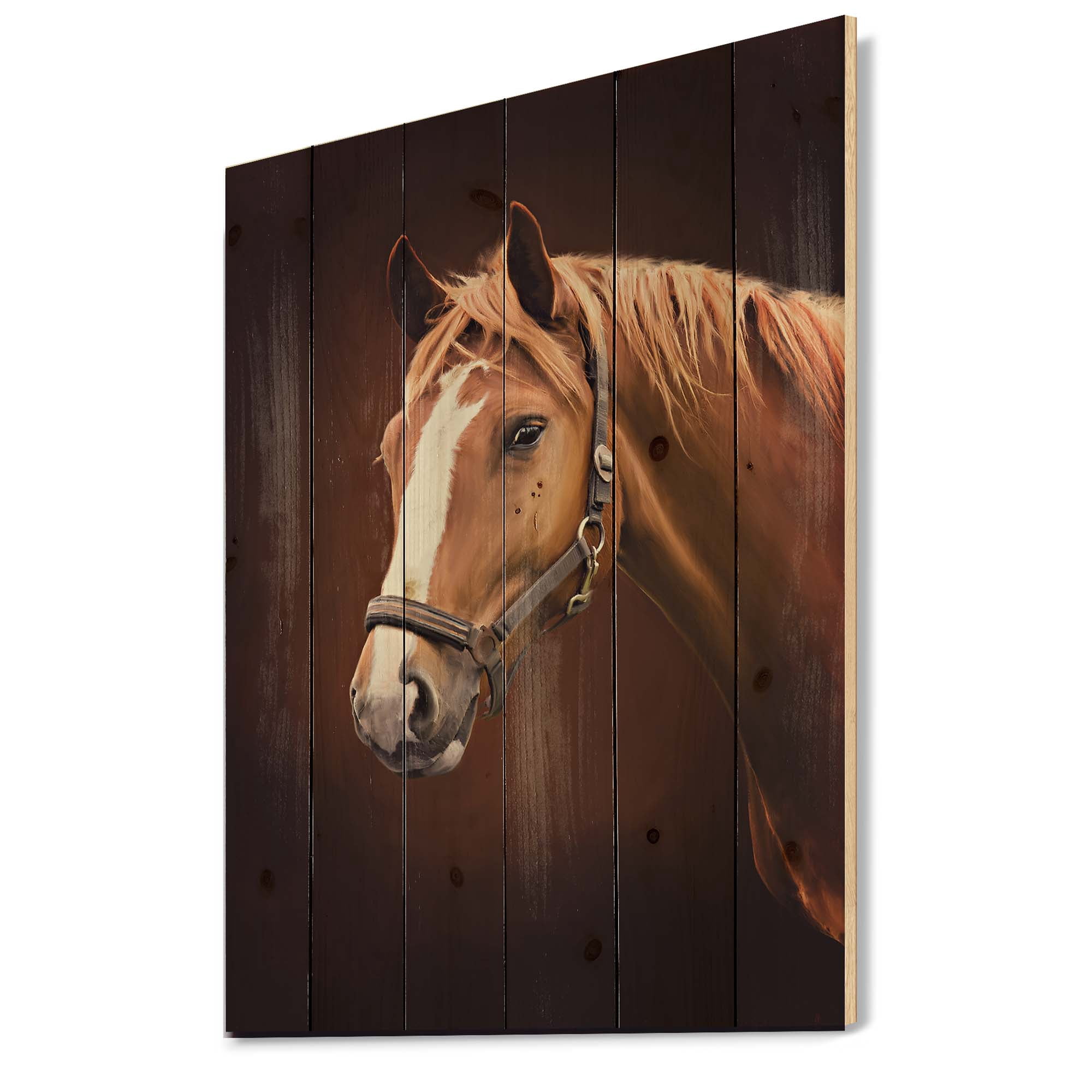 Designart 'Close Up Portrait Of Brown Horse With White Nose II' Farmhouse Print on Natural Pine Wood