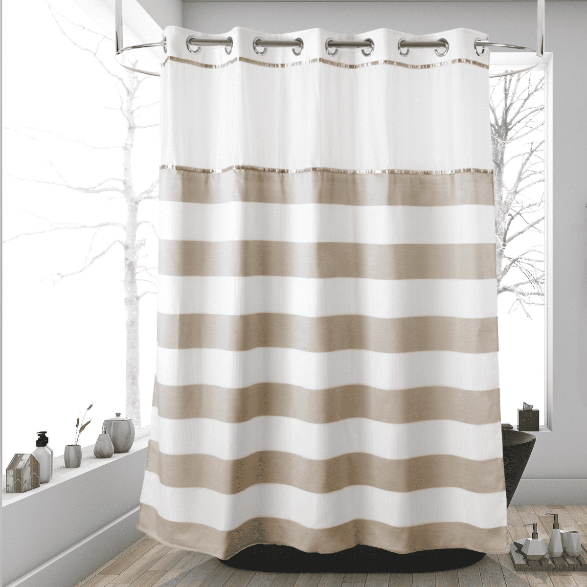 Ecoehoe 71“W x79”H Stripe Fabric Hook Free Shower Curtain with Polyester Snapin Liner