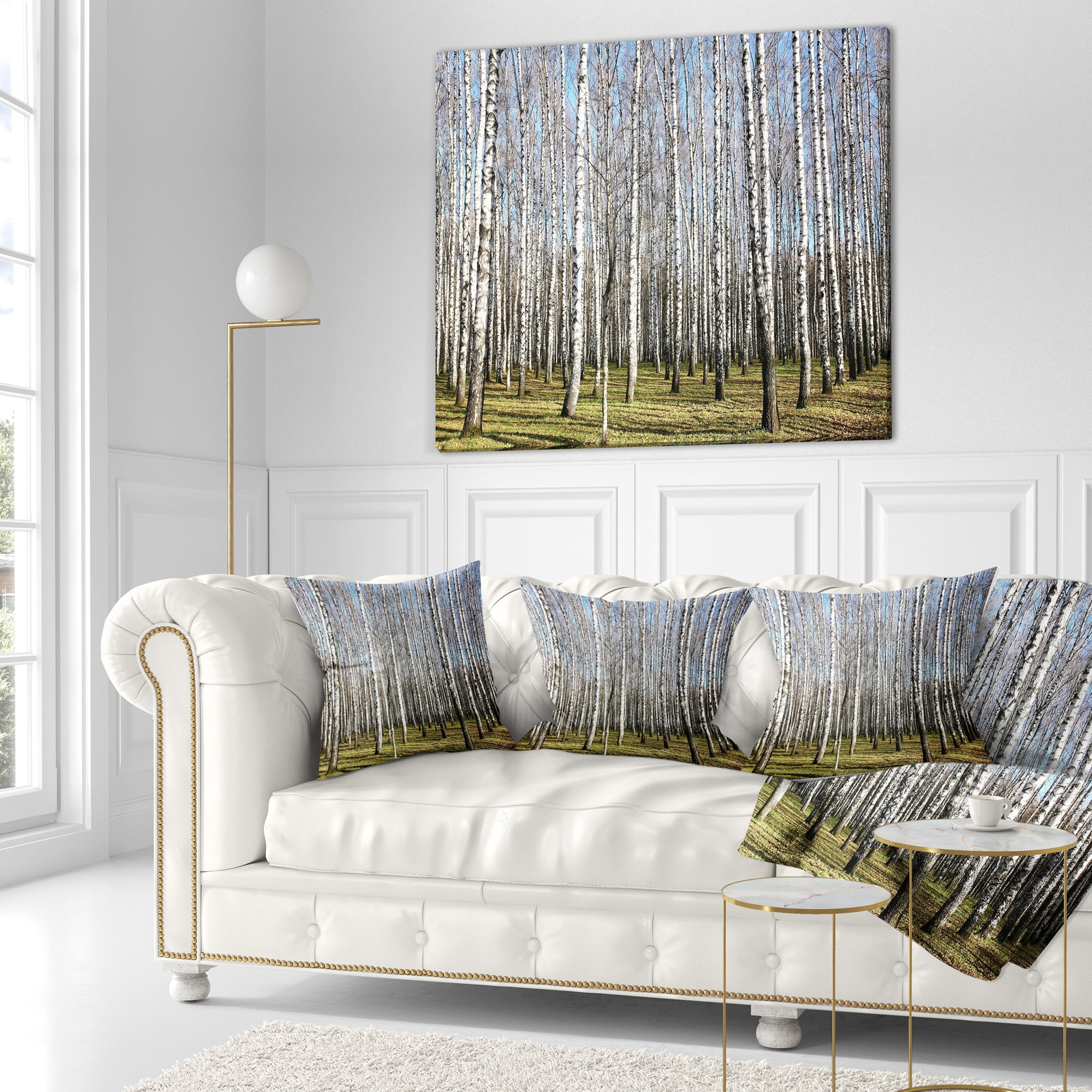 Designart Sunny November Day in Birch Grow - Modern Forest Throw Pillow - 18x18