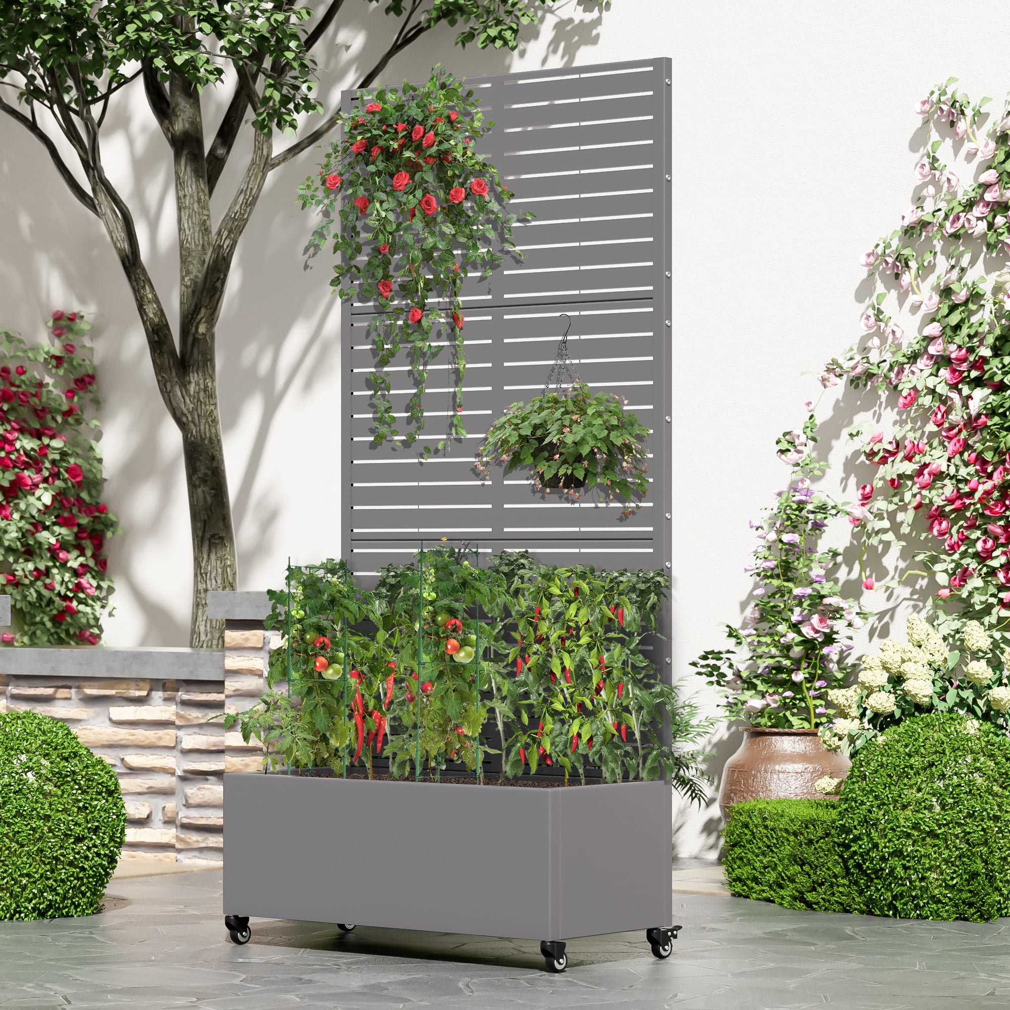 MAYEERTY 35*16*71"Outdoor Gray Metal Planter with Rect Louvered Climbing Trellis, Drainage hole & Wheels