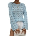 thumbnail image 3 of Qmyliery Women Trendy Hollow-Out Tops, Crochet Solid Color Crew Neck Long Sleeve Knitted Tops with Flare Cuffs for Ladies, S/M/L/XL, 3 of 9