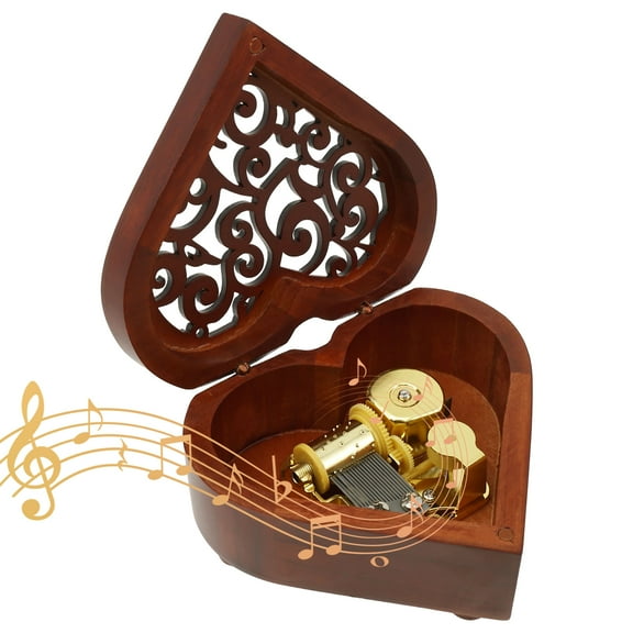 Thren Heart Shape Carved Music Box Wood Clockwork Music Box Hollowed Out Mechanical Music Box Minimalist Openwork Music Box Easy to Use Carved Music Box Suitable for Parties