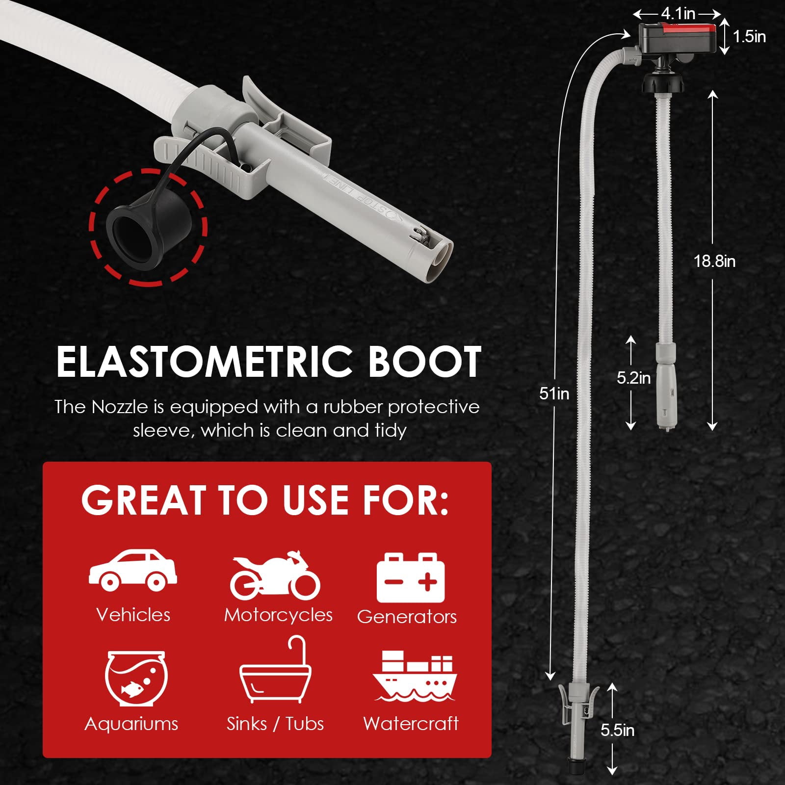 Beiled Automatic Fuel Transfer Pump - AA Battery Powered, Gas Pump with Quick Flow Control & Stop, Extra Long Hose, Portable for Oil, Diesel, Gasoline