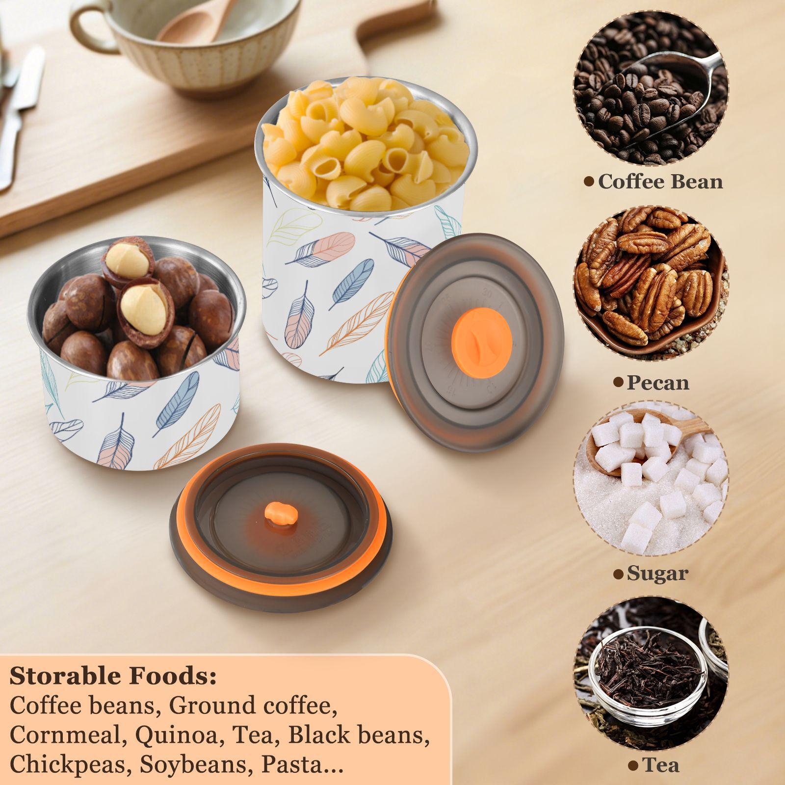 Colorful Feather Airtight Coffee Bean Canister 30oz Food Storage Containers with Lids For Gournd, Tea, Sugar, Flour, Rice, Cereal, Candy Cookie Jar
