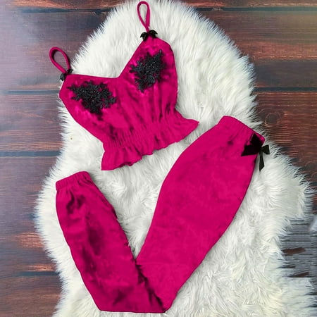 

MRULIC lingerie for women Women V-Neck Eyelash Beaded Stain Camisole Pajamas Bowknot Pants Set Hotpink + S