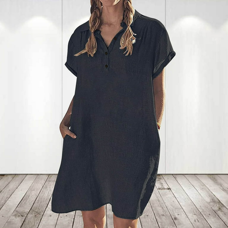 Bigersell Cute Spring Dresses Women's Fashion Casual Cotton and Linen Short  Sleeve Lapel Button Solid Color Dress Evening Dresses Women's Plus Maxi  Dresses, Style 24943, Black XL - Walmart.com