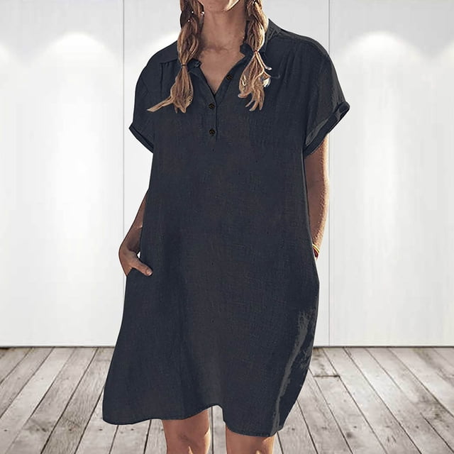 Pisexur Robe à Manches Courtes Col Rond Hauteur Genou Mode Décontractée en Coton et Lin Robe à Manches Courtes avec Col à Revers et Boutons Couleur Unie Robe pour Femmes