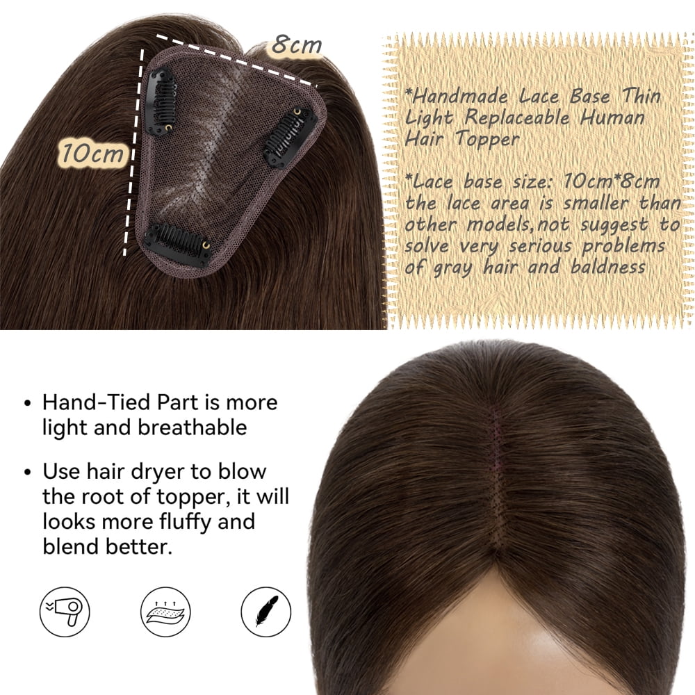 Benehair Clip In Hairpiece 100% Remy Real Human Hair Topper Hair Piece Wigs Handtied Lace Base For Woman Thin Hair Loss Top Piece 8cmx10cm Brown