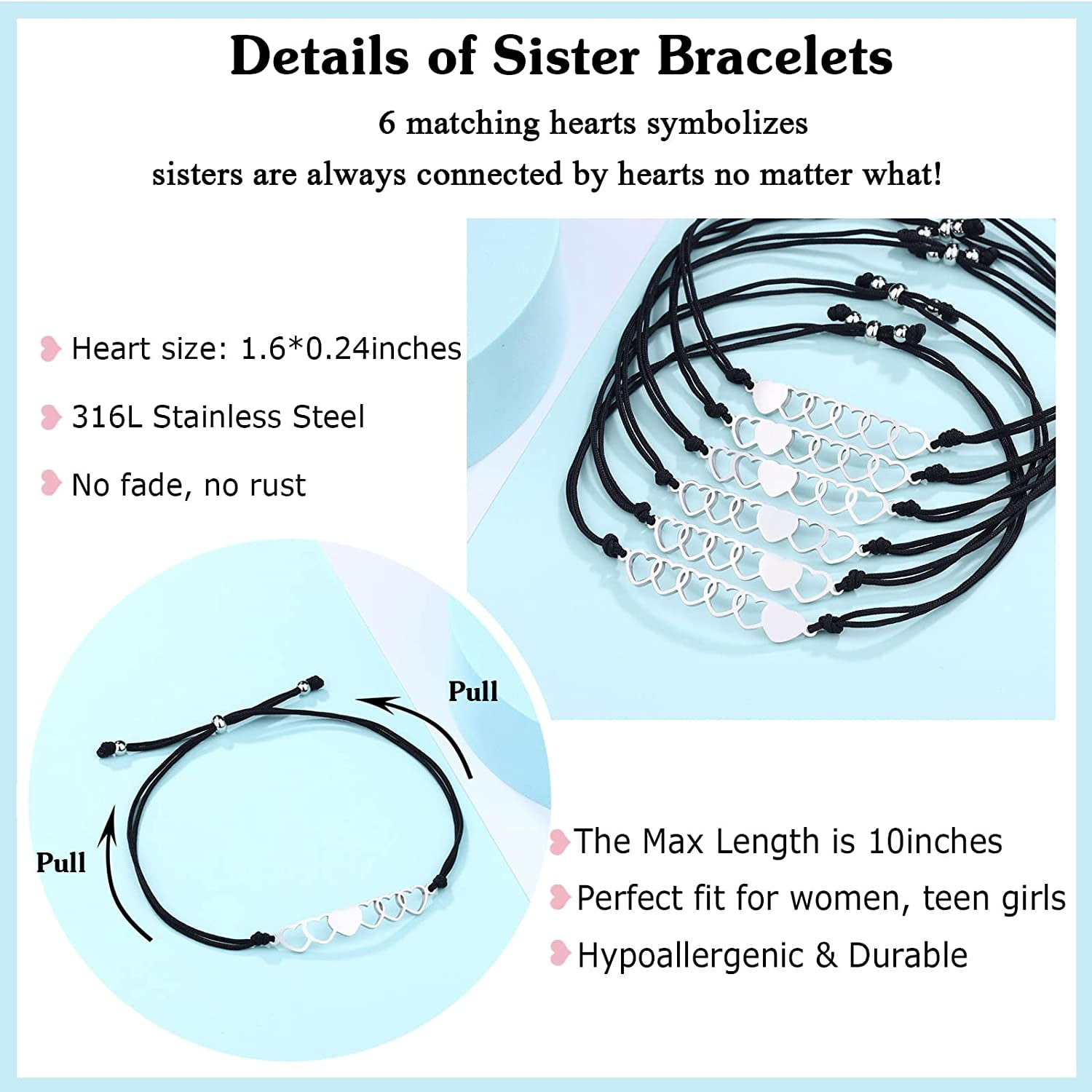 5x Sister Best Friend Bracelet Friendship Bestie Matching Heart Long  Distance | eBay