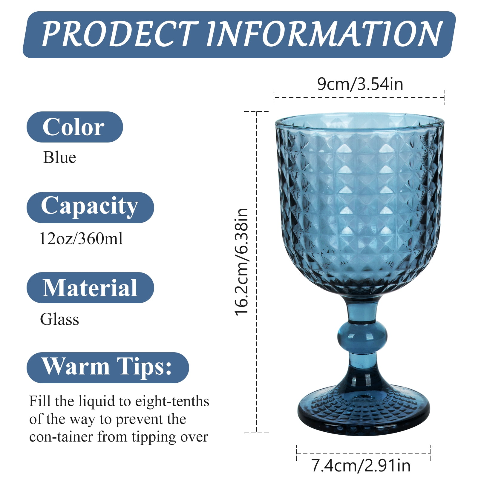Blue Diamond Pattern Glass Cups Set of 6, 360ml Vintage Crisscross Design, Whiskey Wine Coffee Glasses, Dishwasher Safe for Wedding, Party & Daily Use