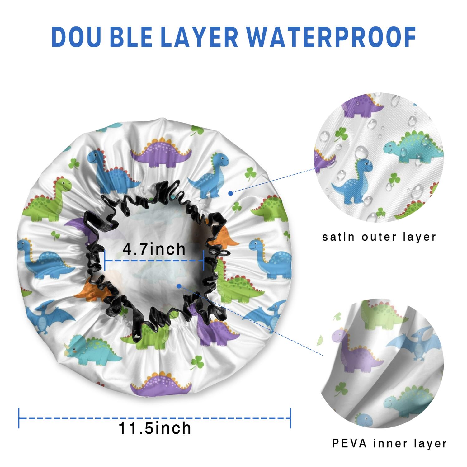 Shower Caps,White Colorful Dinosaurs Clovers Pattern Waterproof Shower Cap for Women 4 Pieces,Double Reusable Hair Cover for Shower PEVA Elastic Stretch Hem
