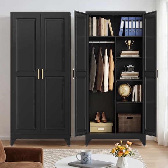 Polup Metal 71“ H Armoire Wardrobe Closet, Adult Black Wardrobes with Hanging Rod