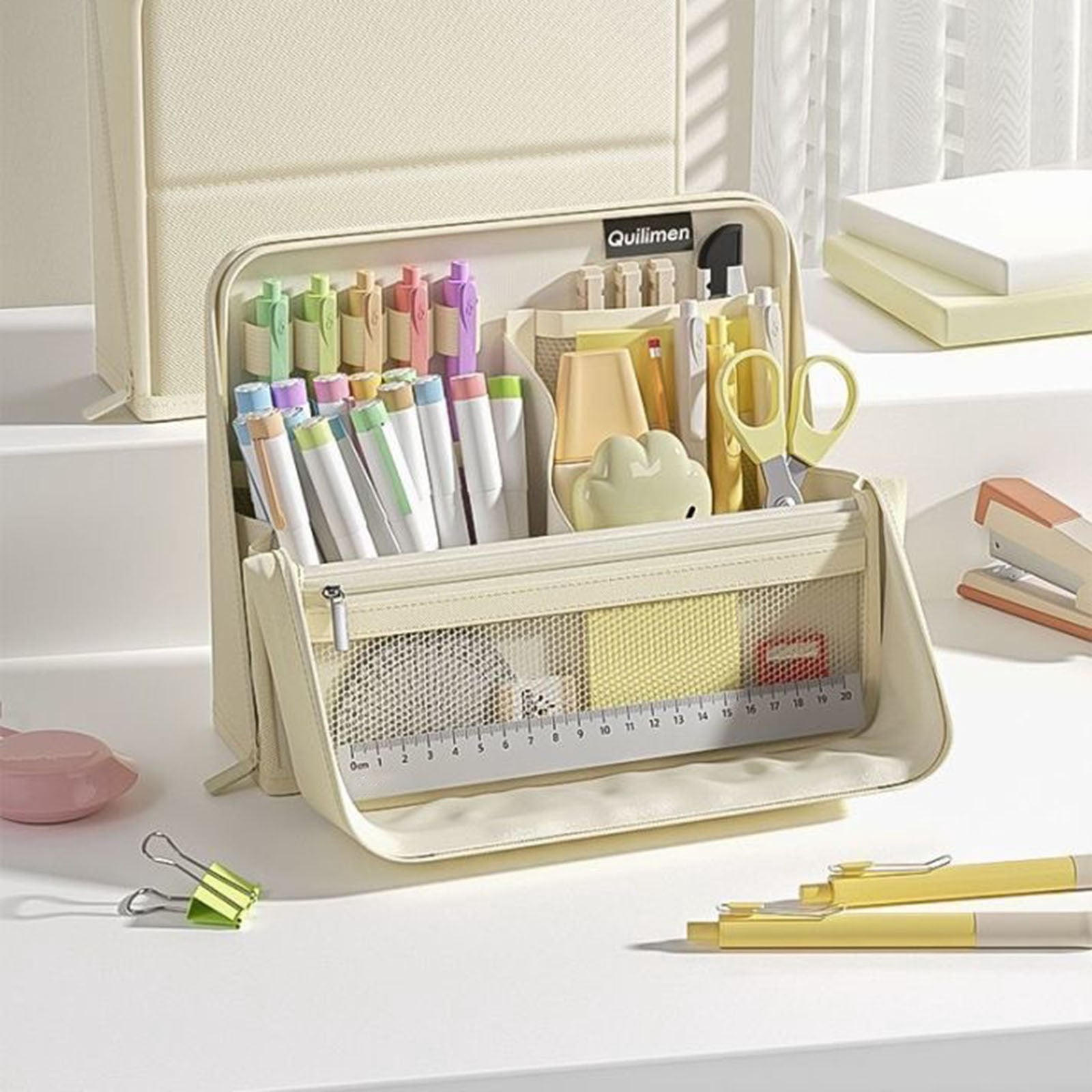 BNNG Standing Pencil Case Large Capacity Zippered Pen Bag, Multi-Layer Pen Pouch Pencil Holder Stationery Organizer, Polyester Pencil Bag Storage Box Desk Organizer