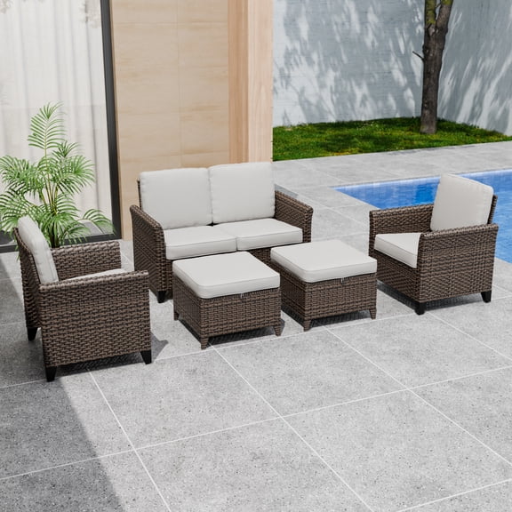COOS BAY Harbor Retreat 5-Piece Mix Brown Rattan Wicker Outdoor Patio Conversation Set Curved Armrest Dining Chairs and Loveseat, Ottomans, Beige Cushions