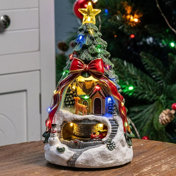 Animated Musical Christmas Tree Village  Lighted Figurine with Spinning Santa Train, Plays 8 Holiday Carols, Tabletop Home Decor & Gift