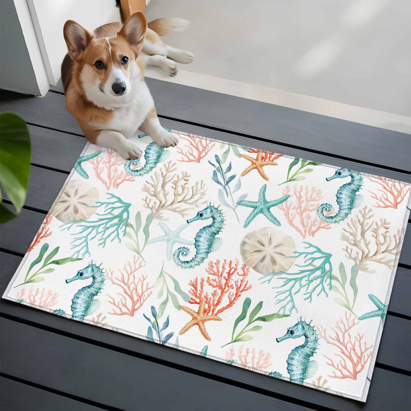 Entryway Rug 2'x3', Teal Red Seahorse Coastal Small Rug for Kitchen Bathroom Door Mat Indoor Entrance, Nautical Beach Coral Starfish Non-Slip Area Rugs Floor Mats Carpet Front Door Rugs