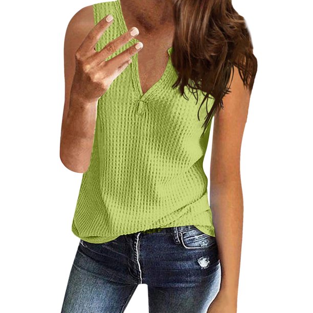 Camiseta sin mangas con cuello en V para mujer - Camiseta holgada de color liso - Túnica informal de poliéster para todas las estaciones