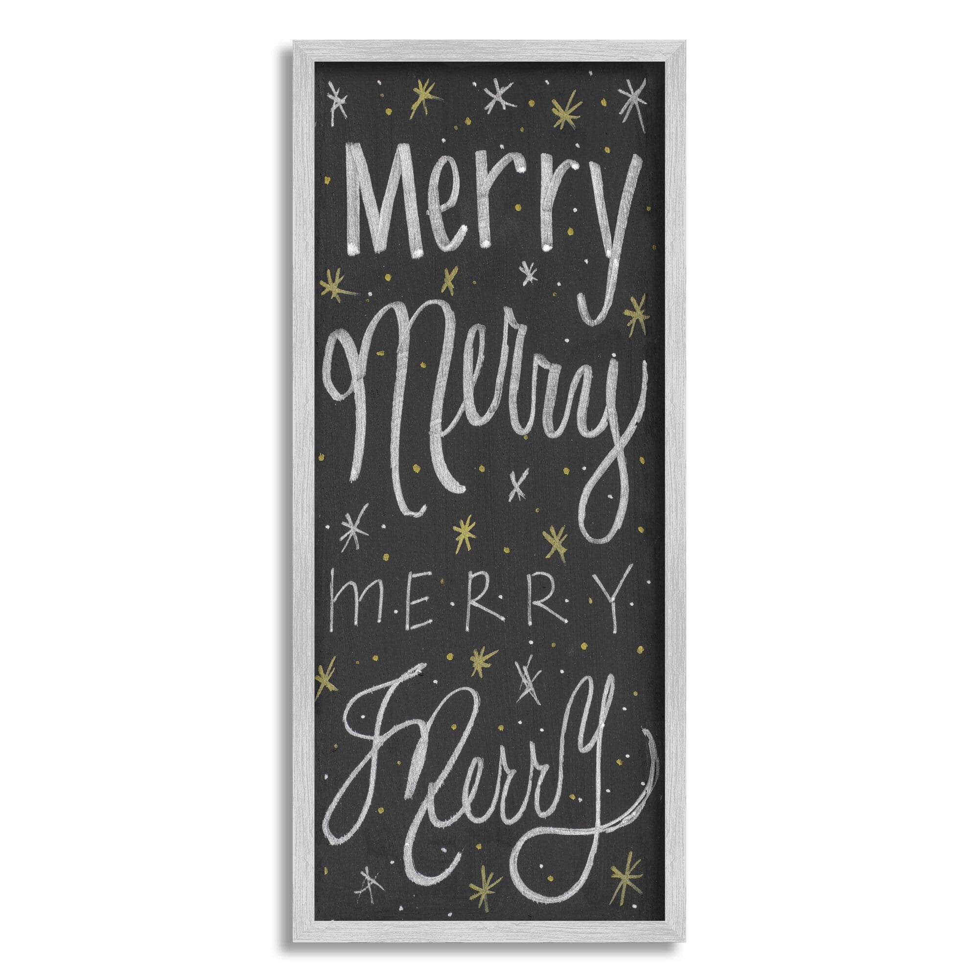 Stupell Industries Festive Merry Chalk Style Typography Chistmas Stars Inspirational Painting Gray Framed Art Print Wall Art, 13 x 30