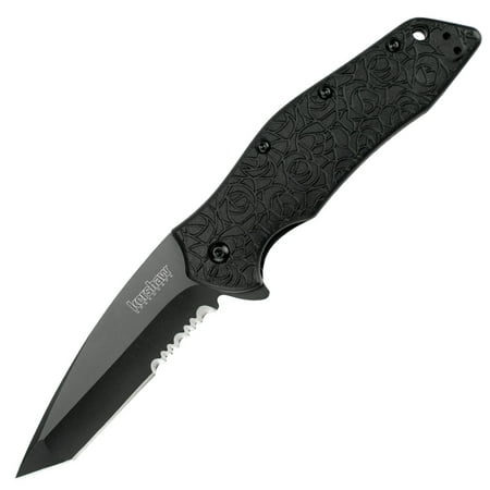 Kershaw Kuro Tanto - Blk/Blk Serrated Pocket Knife, 3.1 Inch Folding Blade, (1835TBLKST)