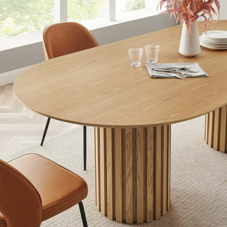 95 Inch Dining Table, Brown Oak, Wood, Oval, Mid Century Kitchen