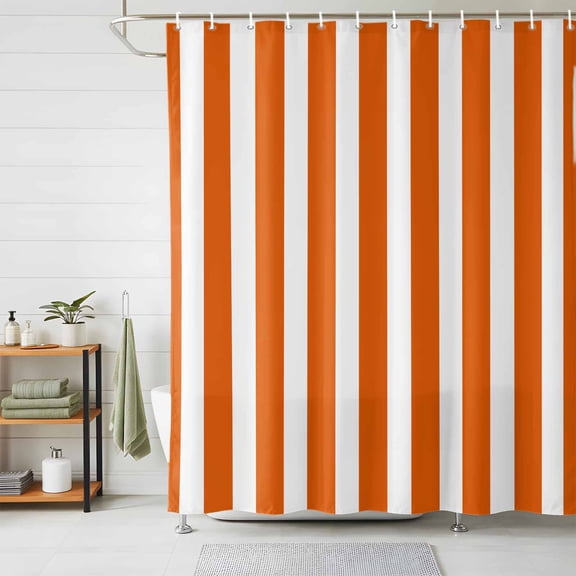 Shower Curtains for Bathroom, Burnt Orange Striped Waterproof Fabric Shower Curtain, Thanksgiving Orange White Stripes Decorative Bathroom Curtain for Bathtub, 66"x72", No Hooks Included